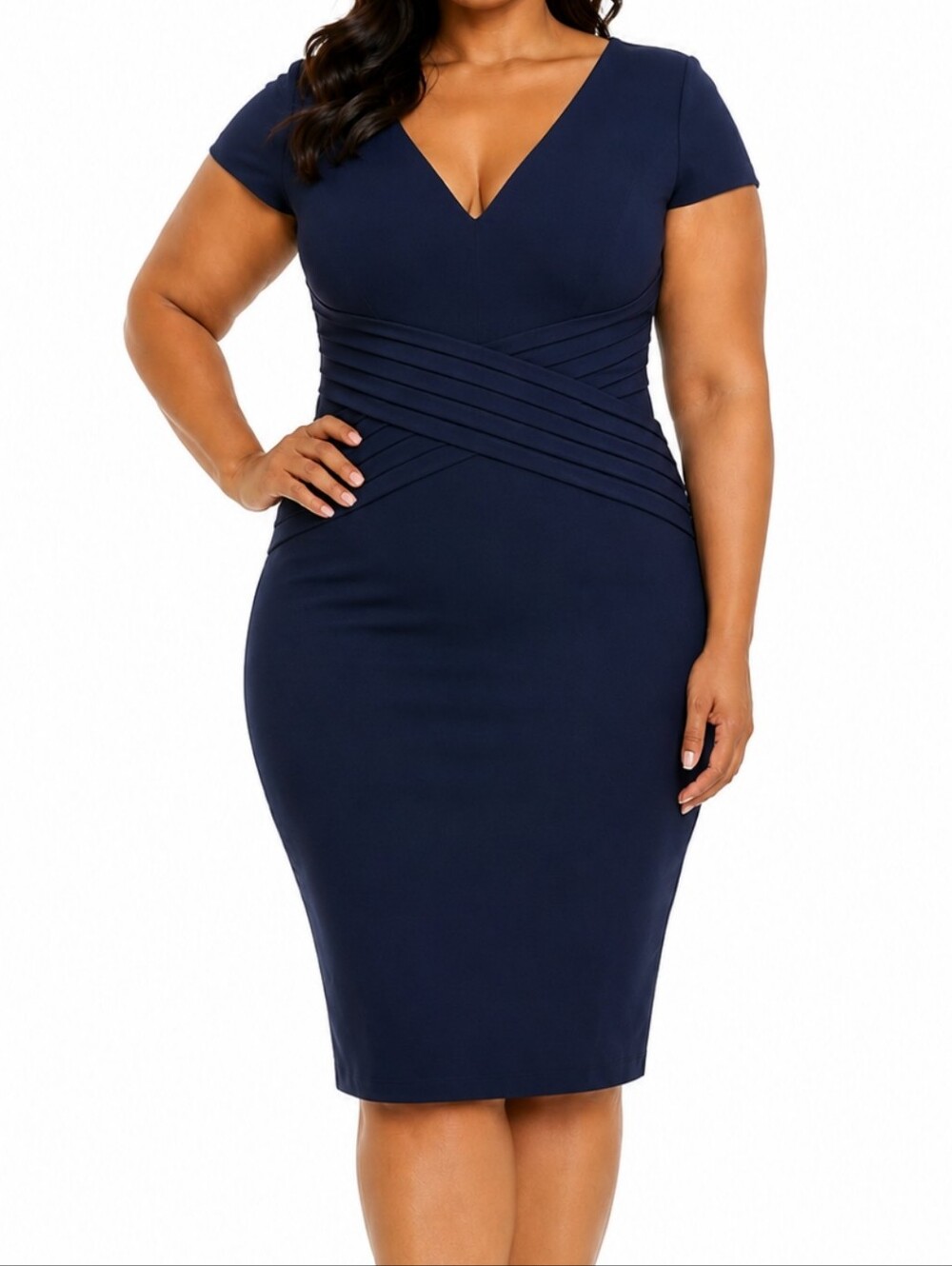 Dress the Population DOLORES Dress Cap Sleeve Navy Blue VNeck Knee-Length Career